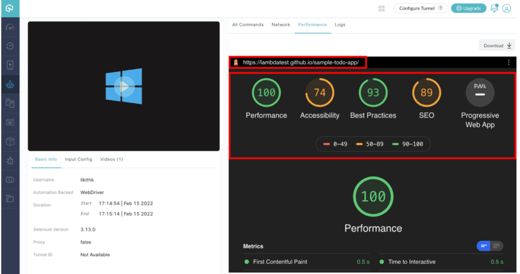 How to view Lighthouse Performance Metrics using Online Selenium Grid? 19